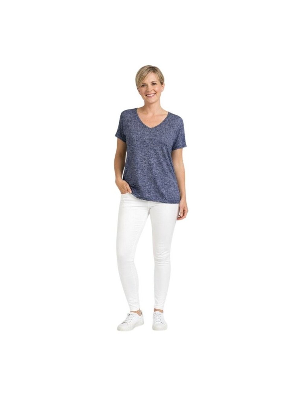 White House Black Small Market Blue Heathered Short Sleeve V-Neck Top